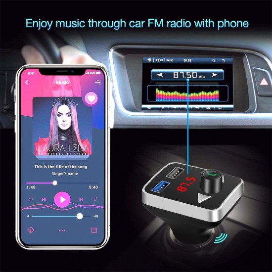 Stereo Car Fm Transmitter Bluetooth 5.0 Hands-free with Dual USB Charging Adapter Silver Black