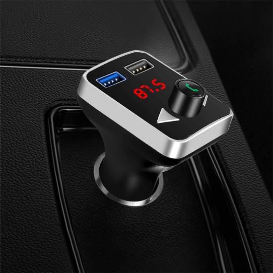 Stereo Car Fm Transmitter Bluetooth 5.0 Hands-free with Dual USB Charging Adapter Silver Black