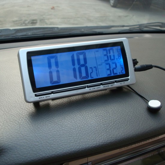 T08 4-in-1 Car Clock Dual Thermometer Calendar Alarm Clock Inside Outside Temperature Monitor Blue