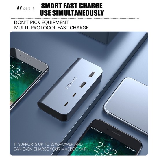 USB fast charger Aluminium Alloy Intelligent Distribution Multi-Device Charging for Tesla model3  Silver