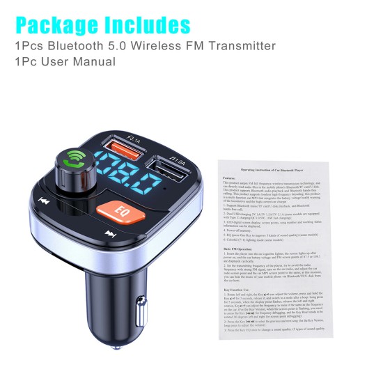 Wireless Fm Transmitter Dual USB Chargers Hands-free Radio Adapter Bluetooth 5.0 Black