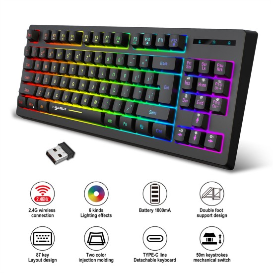 2.4G Wireless Keyboard RGB Multiple Backlight Modes Protable Gaming Office Keyboard Black