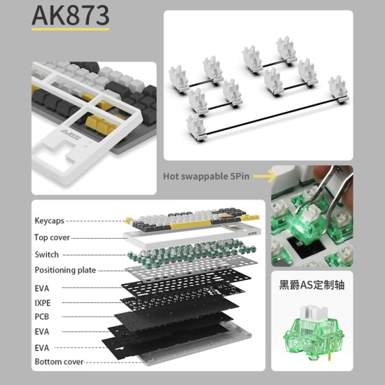 Ajazz Ak873 Keyboard 87 Keys Rgb Backlit Pbt Keycaps Bluetooth Wireless Gaming Keyboard gray linear axis