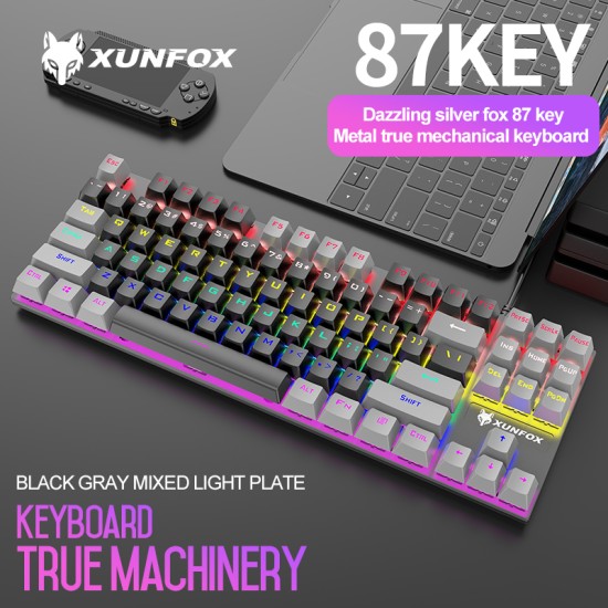 K80 Wired Mechanical  Keyboard Cyan Axis Ergonomic Design Metal Panel Luminous Desktop Computer Notebook 87-key Game Keyboard Gray black