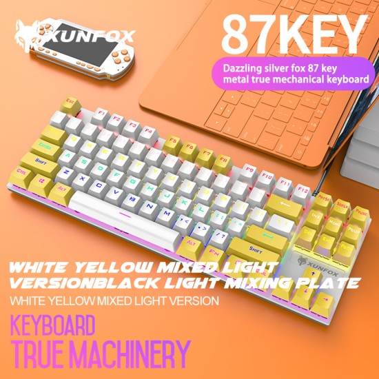 K80 Wired Mechanical  Keyboard Cyan Axis Ergonomic Design Metal Panel Luminous Desktop Computer Notebook 87-key Game Keyboard White yellow