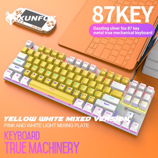 K80 Wired Mechanical  Keyboard Cyan Axis Ergonomic Design Metal Panel Luminous Desktop Computer Notebook 87-key Game Keyboard Yellow white