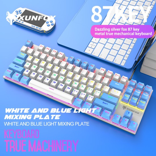 K80 Wired Mechanical  Keyboard Cyan Axis Ergonomic Design Metal Panel Luminous Desktop Computer Notebook 87-key Game Keyboard White blue