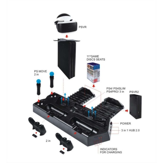 Vertical Cooling Stand Charging Station for PS4 SLIM PRO VR Controllers Multi-functional Charger Cooling Stand Black