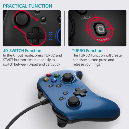 Wired Gaming Controller Dual-vibration Gamepad Pc Game Controller Joystick Compatible for Windows Vista TV Box Blue