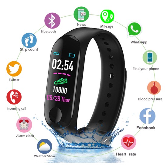 M3 Men Smart Wristband Color Screen Smart Band IP67 Waterproof Blood Pressure Heart Rate Activity Fitness black