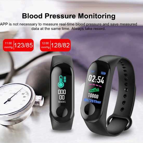 M3 Men Smart Wristband Color Screen Smart Band IP67 Waterproof Blood Pressure Heart Rate Activity Fitness black