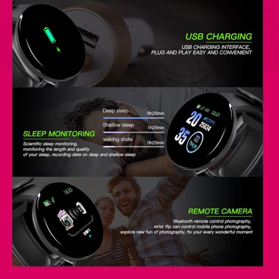 D18 Fitness Watch Smart Bracelet Heart Rate Monitor Blood Pressure Blood Oxygen Measurement Healthy Life Sleep Tracker for iOS Android Phone blue