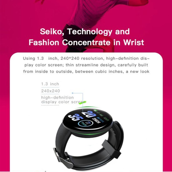 D18 Fitness Watch Smart Bracelet Heart Rate Monitor Blood Pressure Blood Oxygen Measurement Healthy Life Sleep Tracker for iOS Android Phone blue