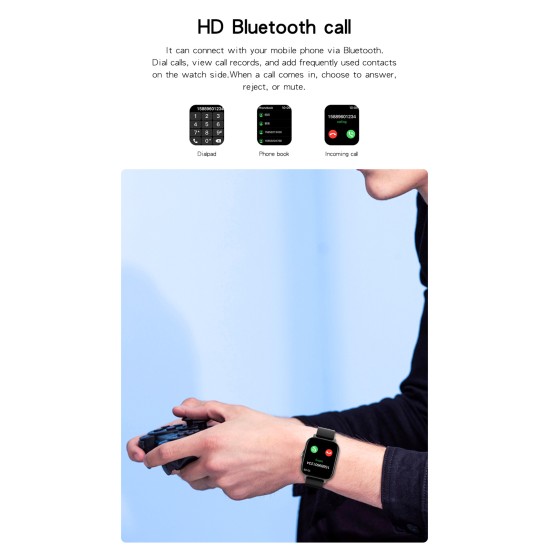 Gt20 Smart Watch 1.69 Inch Full Touch Bluetooth Call Music Watch Health Monitoring Bracelet Black Silicone Strap