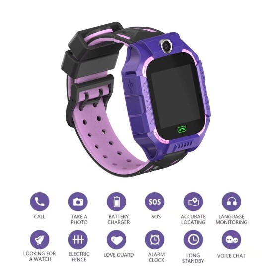 Kids Smart Watch Phone Kids GPS Tracker Watch with SOS Anti-Lost Alarm Sim Card Slot Touch Screen Alarm Clock Digital Wrist Watch E12 for Boys and Girls purple