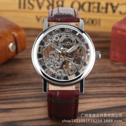 Luxury Automatic Mechanical Watch Alloy Skeleton Wristwatches Gifts for Man Silver shell brown belt