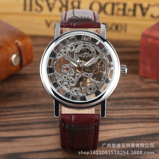 Luxury Automatic Mechanical Watch Alloy Skeleton Wristwatches Gifts for Man Silver shell brown belt