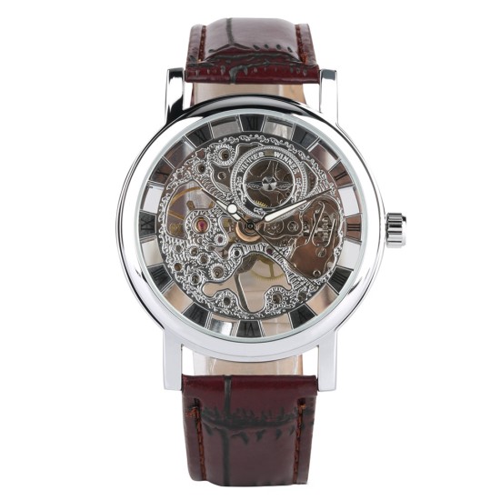 Luxury Automatic Mechanical Watch Alloy Skeleton Wristwatches Gifts for Man Silver shell brown belt