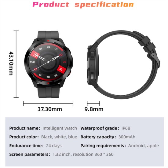 Mt13 Intelligent Watch 1.32 Inch 360x360 Hd Screen Bluetooth-compatible Calling Blood Oxygen Heart Rate Monitoring Waterproof Bracelet blue