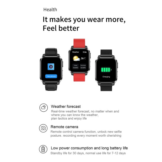 N90 Smart Watch Square 1.7-inch Touch-screen Heart Rate Blood Pressure Blood Oxygen Waterproof for Huawei IOS Black