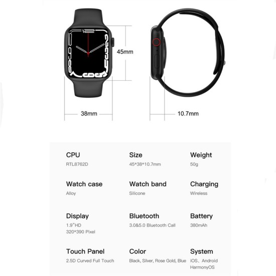 S7 Smart Watch 1.9 Inch Full Touch Screen Heart Rate Monitor Series 7 Multifunctional Bracelet Black