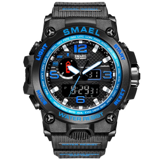 SMAEL Men Sports Watch 50m Waterproof Shockproof Clock Alarm Dual Display Luminous Quartz Wristwatch Dark Blue