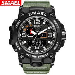 SMAEL Men Sports Watch 50m Waterproof Shockproof Clock Alarm Dual Display Luminous Quartz Wristwatch Army Green