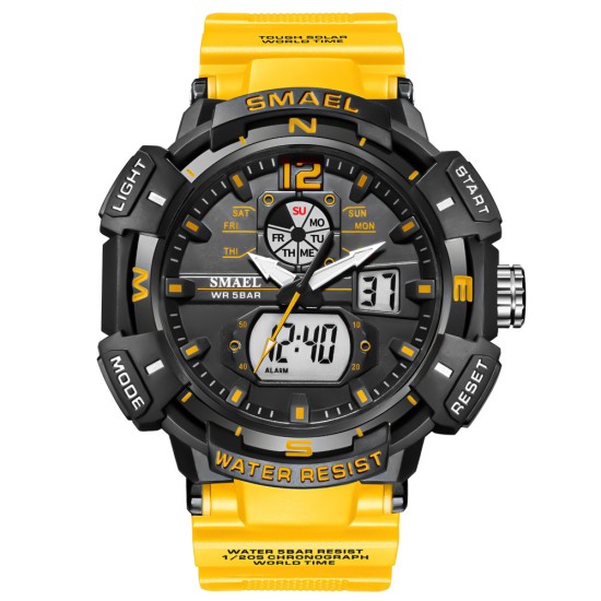 SMAEL Men Sports Watch Fashion Clock 50m Waterproof Luminous Pointer Multi-functional Digital Quartz Wristwatch Orange