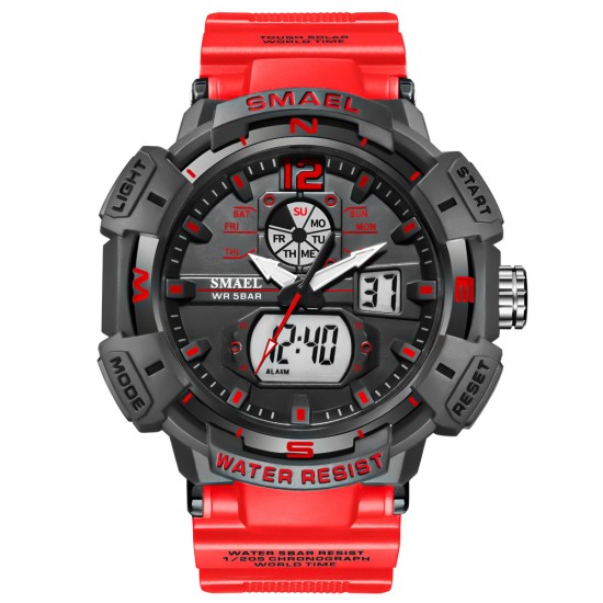 SMAEL Men Sports Watch Fashion Clock 50m Waterproof Luminous Pointer Multi-functional Digital Quartz Wristwatch Red