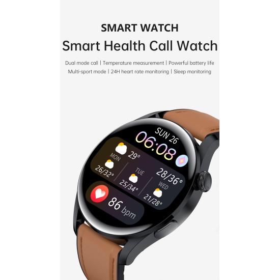 T33s Smart Watch Bluetooth Calling Heart Rate Blood Pressure Blood Oxygen Monitoring Smartwatch Brown Leather