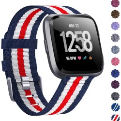 Woven Watch Band Compatible with Fitbit Versa/Fitbit Versa 2/Fitbit Versa Lite Edition Breathable Fabric Strap for Men Women Smartwatch red stripes