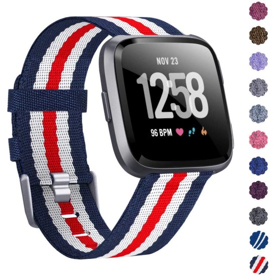 Woven Watch Band Compatible with Fitbit Versa/Fitbit Versa 2/Fitbit Versa Lite Edition Breathable Fabric Strap for Men Women Smartwatch red stripes