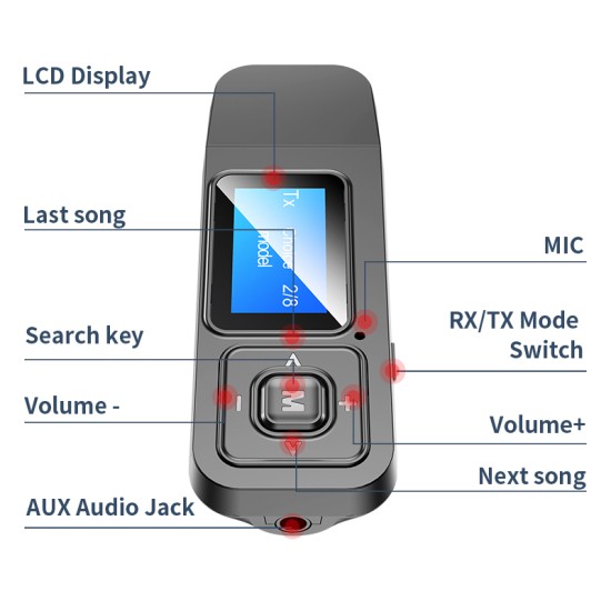 2-IN-1 USB Dongle Bluetooth 5.0 Audio Receiver Transmitter With LCD Display Mini 3.5mm AUX RCA Wireless Adapter As shown