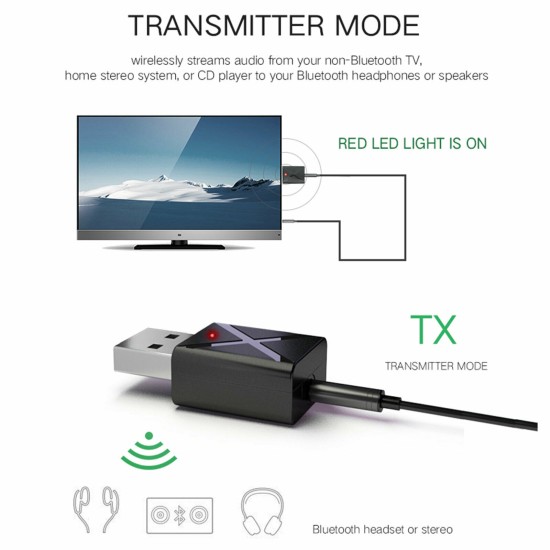 2-in-1 Bluetooth 5.0 Transmitter Receiver Usb Wireless Stereo Audio Adapter Pc Tv Black