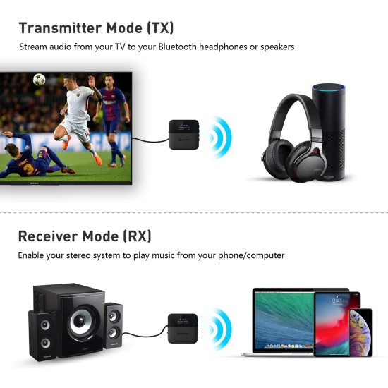 2-in-1 Bluetooth Adapter Bluetooth 5.0 Audio Adapter Bluetooth Transmitter Receiver for TV Laptop Stereo System Headphones Speaker black