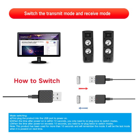 Audio  Adapter 3.5mm Aux Stereo Bluetooth 5.0 Audio Receiver Transmitter black