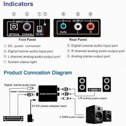 Audio Converter Digital Fiber Coaxial to Left and Right Channel 3.5mm Audio Analog Converter black