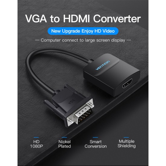 Black VGA to HDMI Converter with Audio HD Adapter Cable Computer TV Projector Video Adapter Metal 0.15m