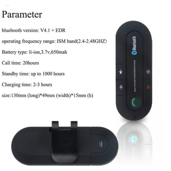 Bluetooth 4.0 Receiver Hands-free Car Kit Sun Visor Clip Audio Adapter Wireless Speakerphone Auto Stereo Mp3 Player black