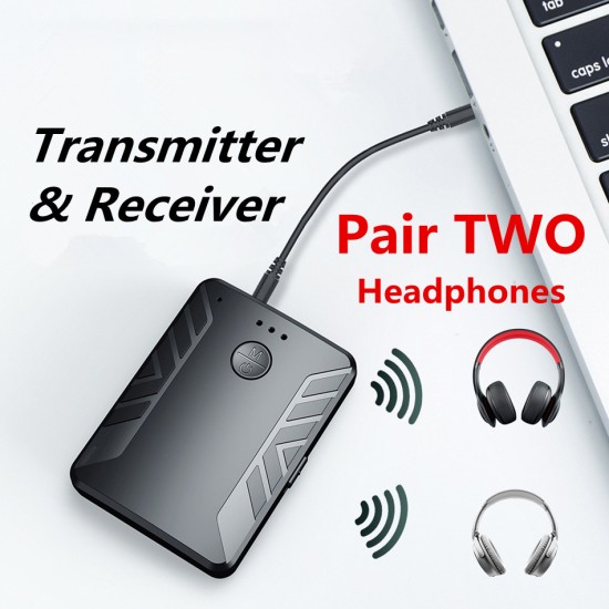 Bluetooth 5.0 Audio Transmitter Receiver Pair with TWO Headphones 3.5mm AUX RCA Wireless Adapter for TV PC Car Speaker black