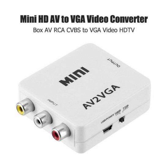 Mini HD AV2VGA Video Converter Convertor Box AV RCA CVBS to VGA Video Converter Conversor with 3.5mm Audio to PC HDTV Converter  white