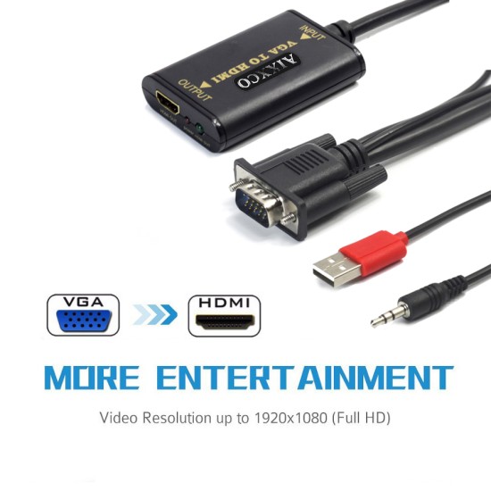 Portable Plug and Play VGA to HDMI Output 1080P HD Audio TV AVPC Video Cable VGA2HDMI Converter Adapter black