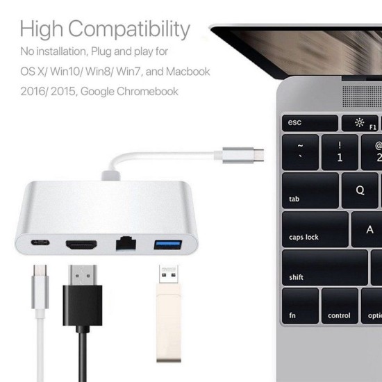 USB C to HDMI 4K+ RJ45 Gigabit Ethernet+ USB 3.1 Type C Hub Adapte  Silver