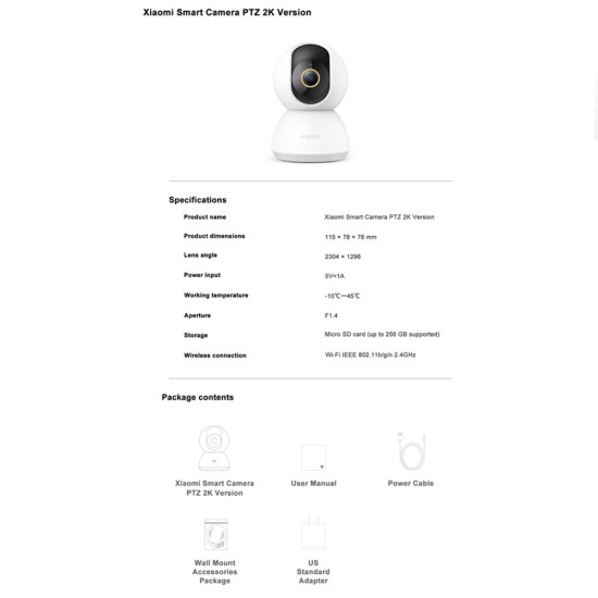 XIAOMI Smart Home Security Camera 2k Monitor 1296p HD Ultra-Clear Ip Panoramic Night Vision Voice Intercom White